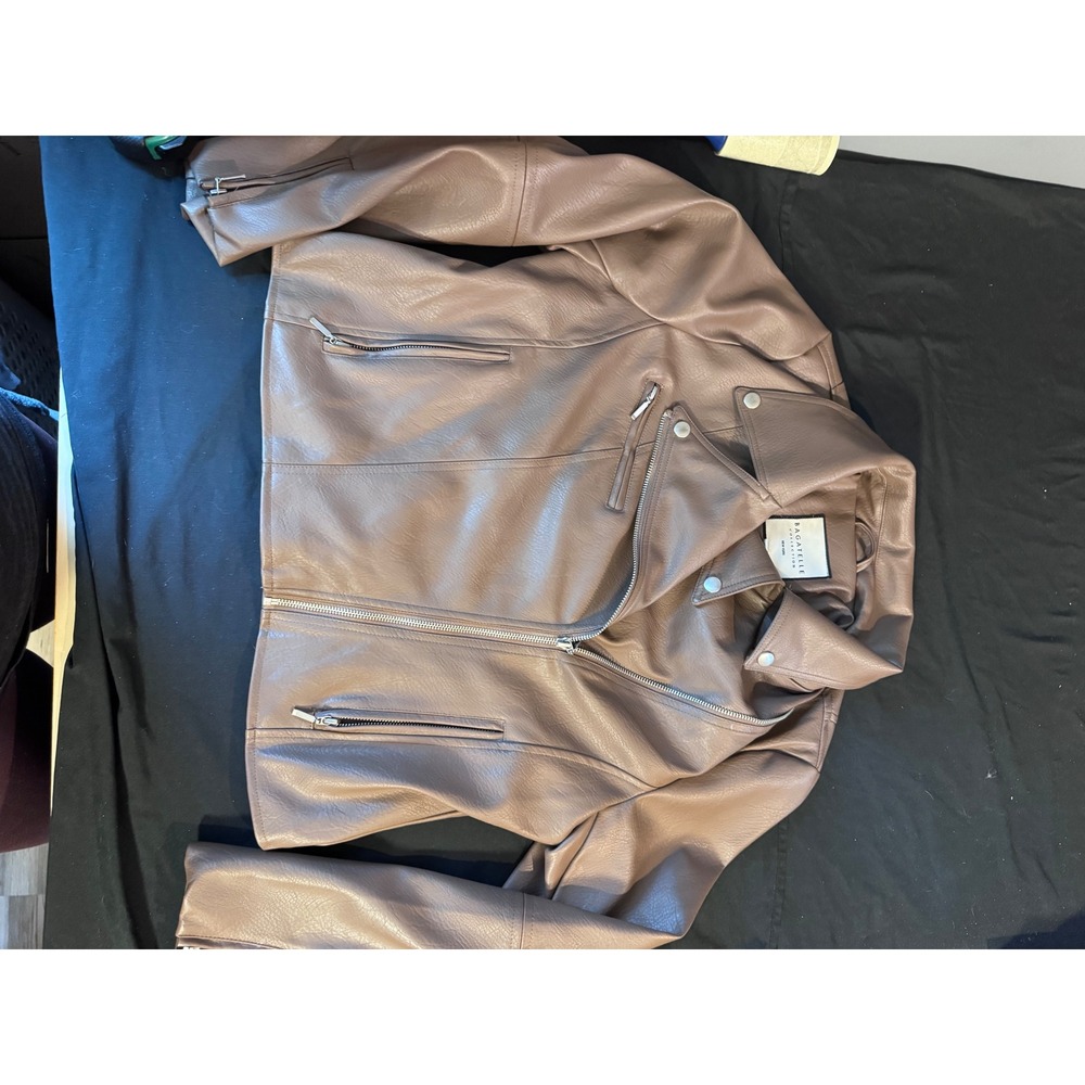 Bagatelle Collection Womens Taupe Faux Leather Moto Biker Jacket Brown Large